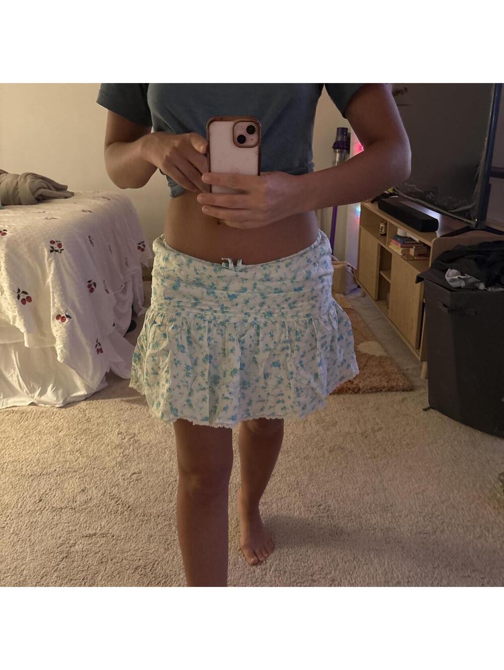 Blue Floral Mini Skirt Lace Trim Coquette Skirt Low Rise - no boundaries